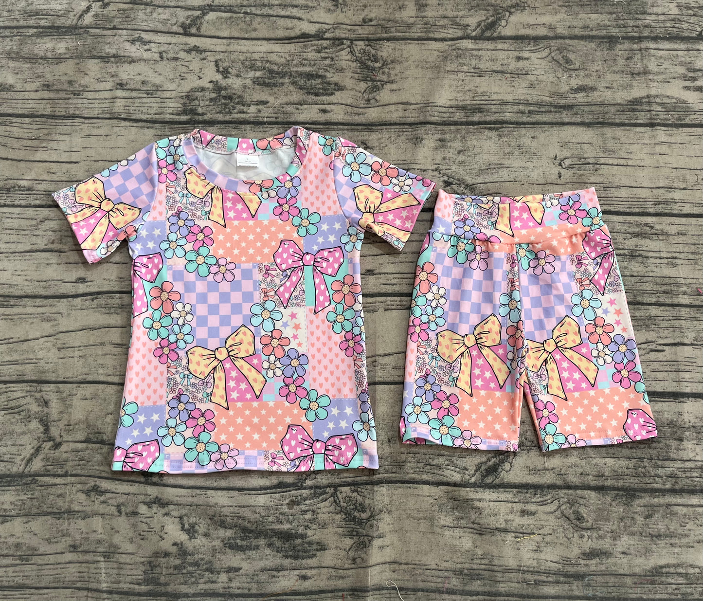 Baby Girl Short Sleeves Flower Checked Shirt Shorts Set RTS