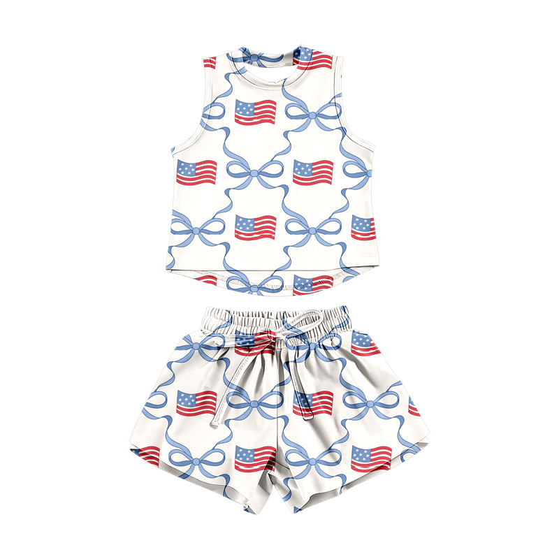 ( Moq 5 ) Preorder Baby Girls Kids Sleeveless Tops Bows Flags Shorts Set 4th of July Clothes
