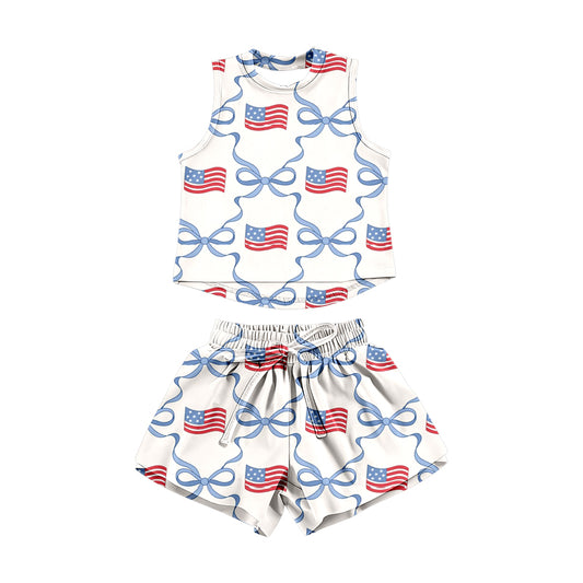 ( Moq 5 ) Preorder Baby Girls Kids Sleeveless Tops Bows Flags Shorts Set 4th of July Clothes