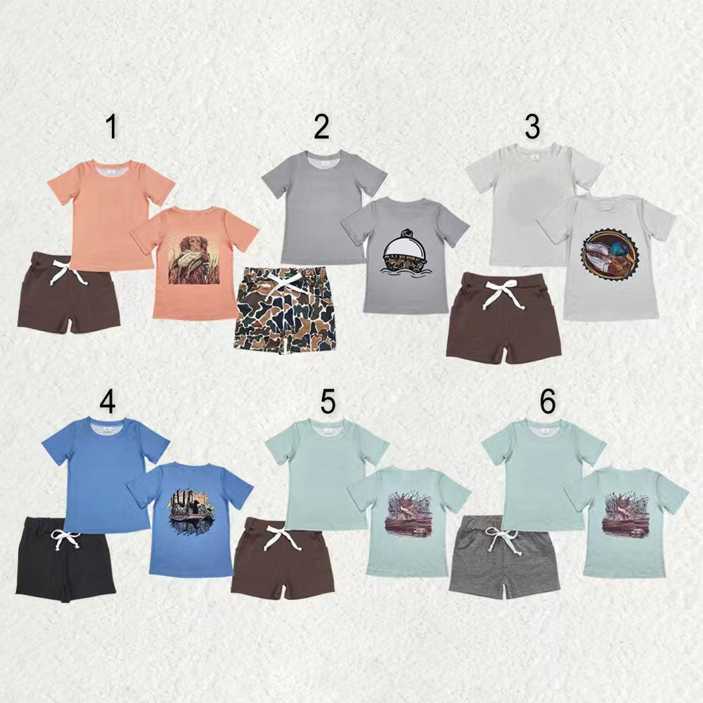 Sibling Baby Boys Short Sleeves Ducks Dogs Fishing Shirts Pockets Shorts Hunting Clothes Sets RTS