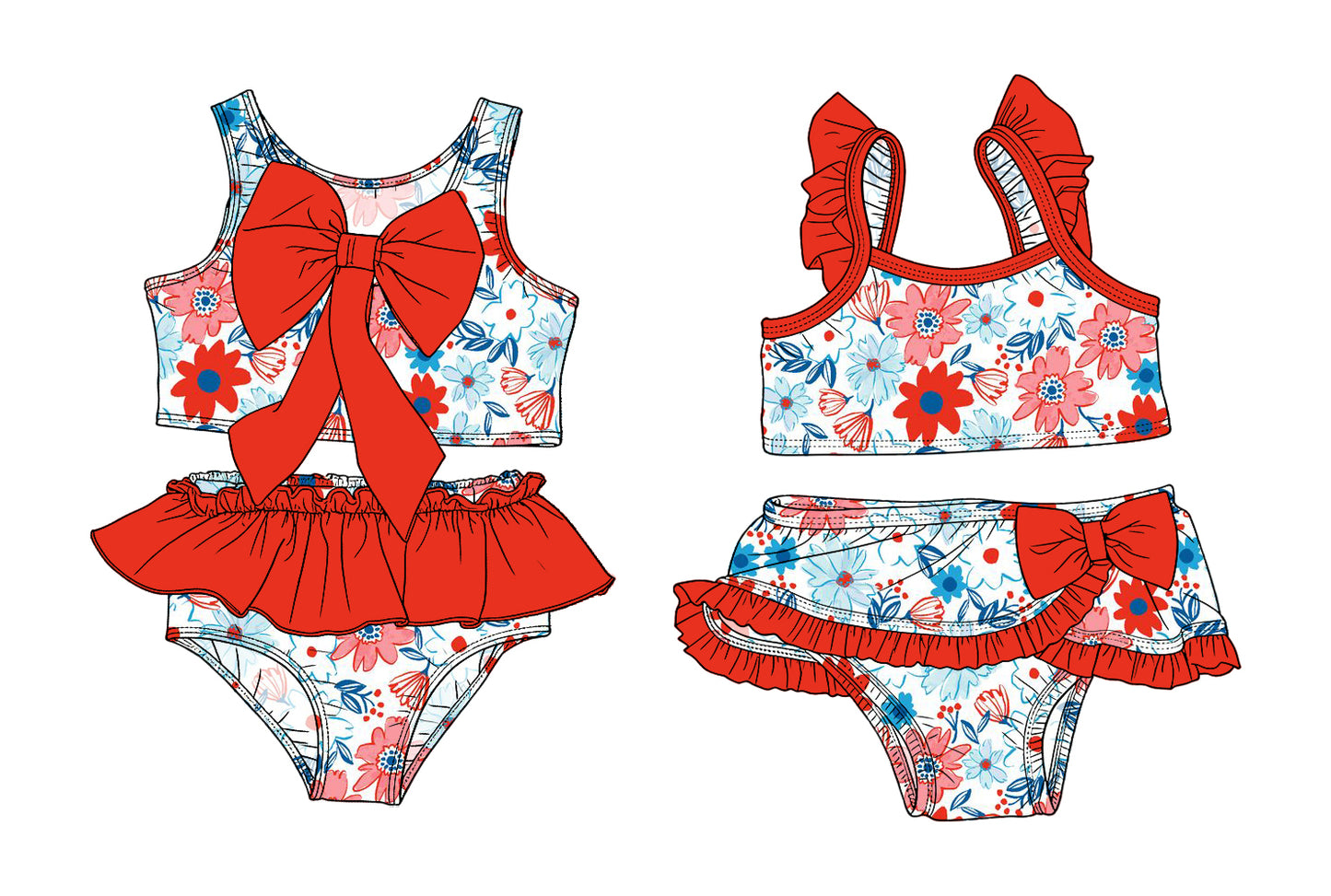 ( Moq 5 Each Style ) Sibling Baby Girls Kids Flower Tops Ruffle Shorts Sets 4th of July Swimsuits