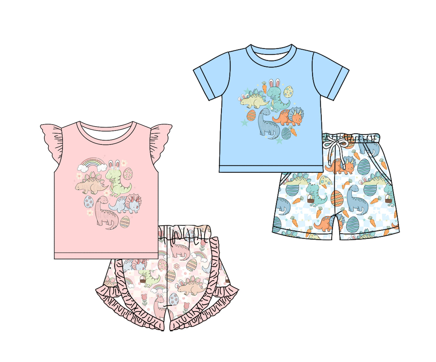 Baby Boy Girl Short Sleeves Dinosaurs Eggs Easter Sibling Clothes Set ( Moq 5 Each Design )11.26