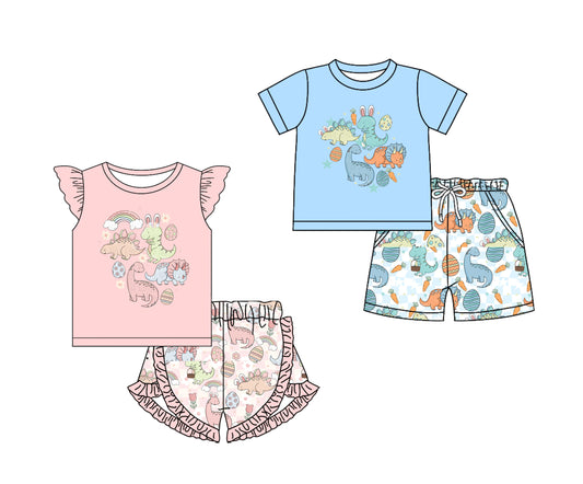 Baby Boy Girl Short Sleeves Dinosaurs Eggs Easter Sibling Clothes Set ( Moq 5 Each Design )11.26