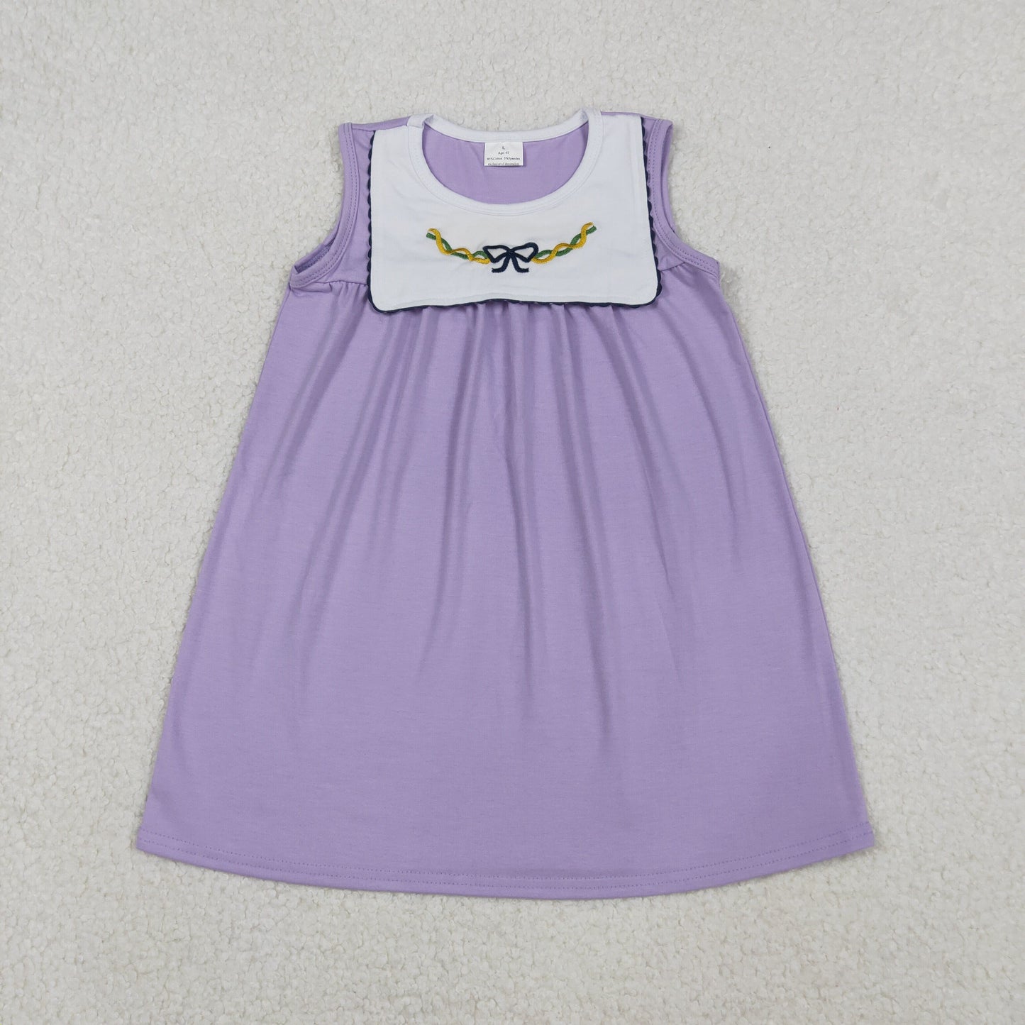 Girls Kids Sleeveless Mardi Gras Embroidery Bow Purple Knee Length Dress RTS
