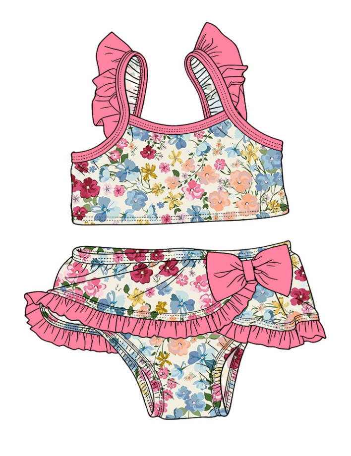 ( Moq 5 Each Style ) Sibling Baby Girls Kids Flower Tops Ruffle Shorts Pink Bows Sets Summer Swimsuits
