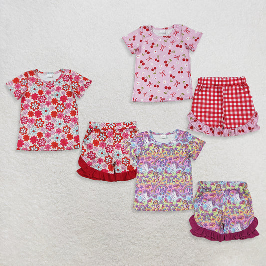 Sibling Baby Girls Kids Short Sleeves Flower Bows Tigers Shirts Ruffle Shorts Sets Summer Clothes RTS