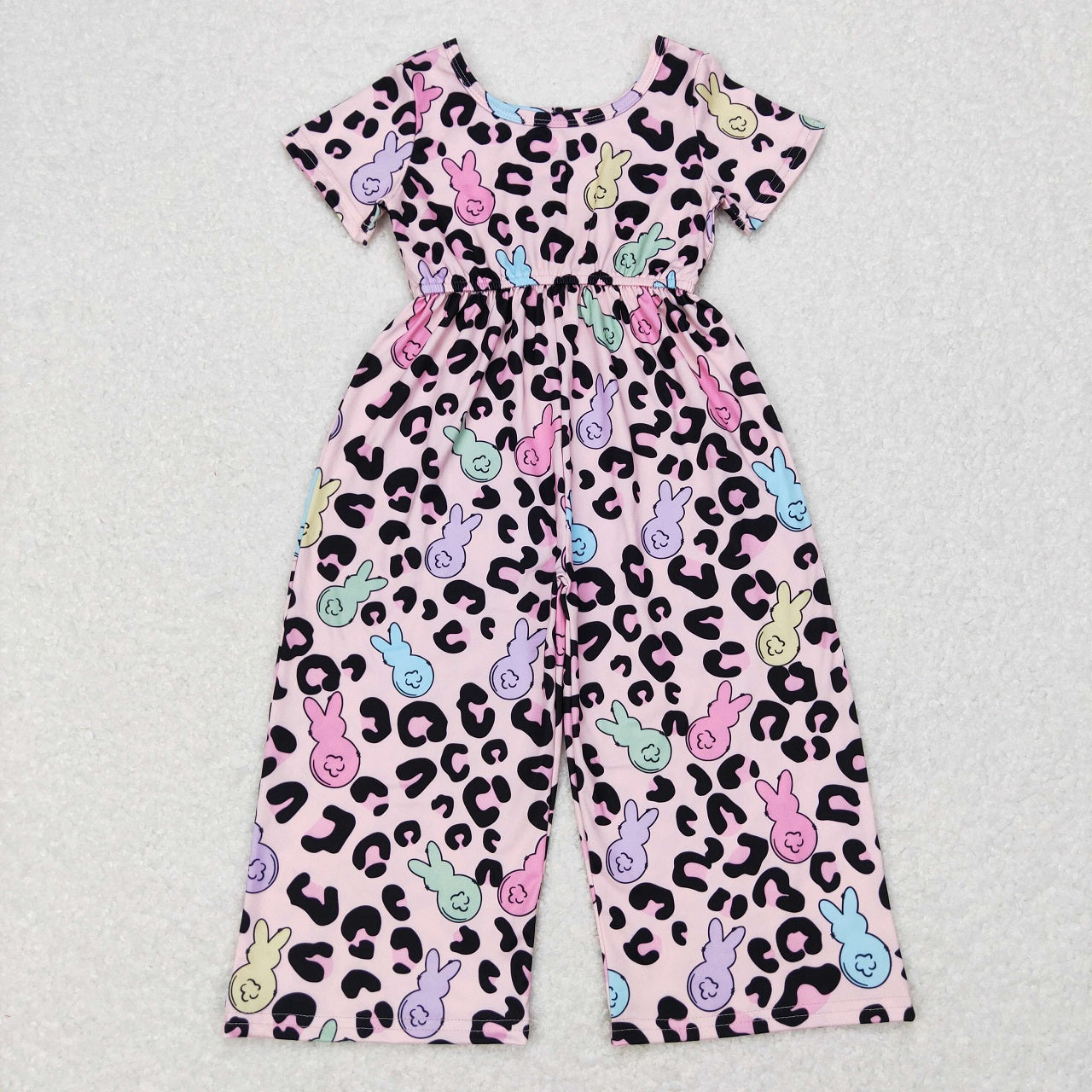 SR0481 Baby Girl Easter Short Sleeves Rabbit Leopard Jumpsuit