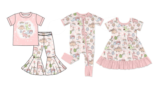 Baby Girl Short Sleeves Dinosaurs Eggs Easter Sibling Romper Dress Clothes Set ( Moq 5 Each Design )11.26
