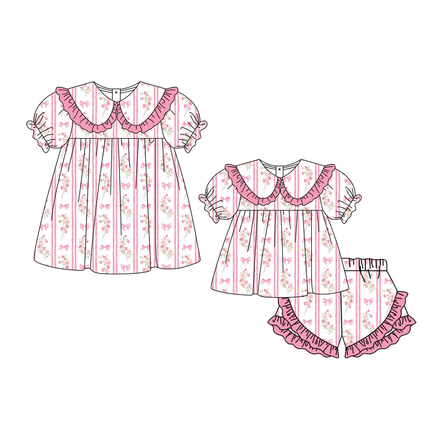 ( Moq 5 Each Style ) Sibling Baby Girls Kids Flower Bows Pink Stripes Romper Dress Set Clothes
