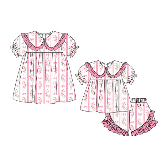 ( Moq 5 Each Style ) Sibling Baby Girls Kids Flower Bows Pink Stripes Romper Dress Set Clothes