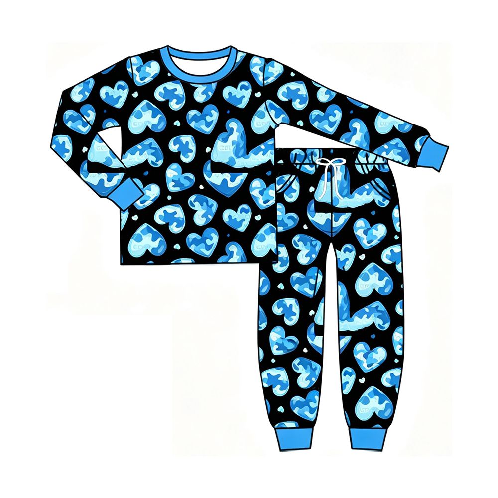 ( Moq 5 ) Preorder Baby Boys Kids Hearts Camo Shirt Pockets Pants Blue Set Valentine Clothes