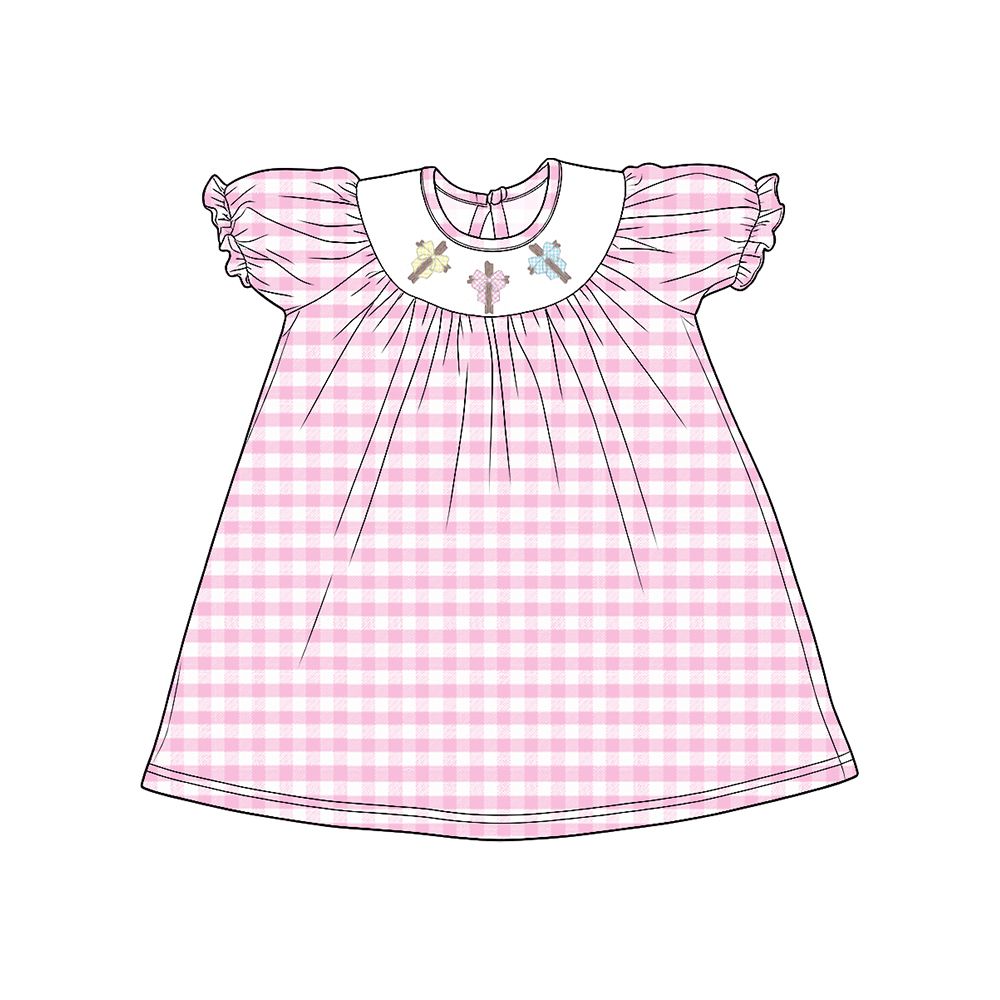 ( Moq 5 ) Preorder Baby Girls Kids Short Sleeves Cross Bows Easter Pink Plaid Dress Clothes
