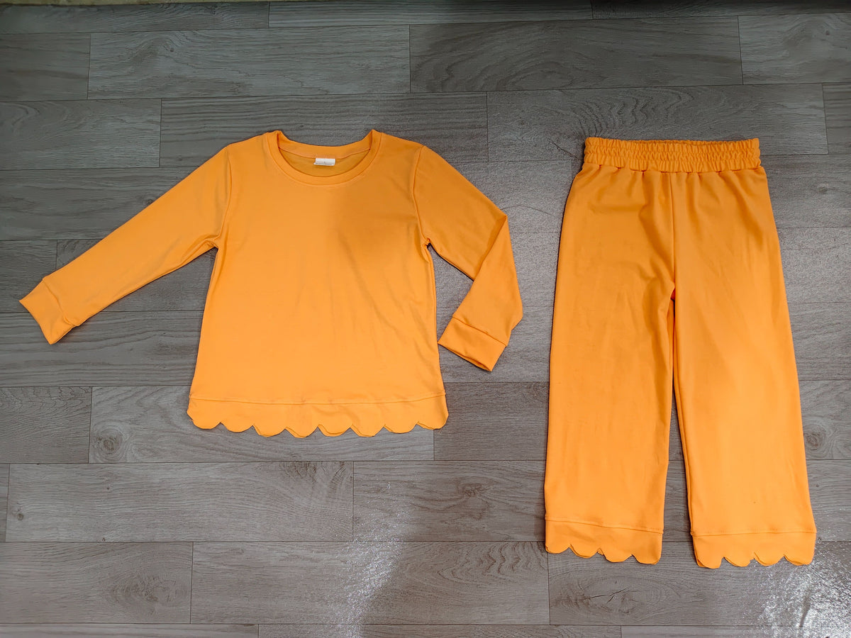 ( No moq ) Preorder Baby Girls Kids Long Sleeves Shirt Pants Set Pajamas Scallop Orange Clothes