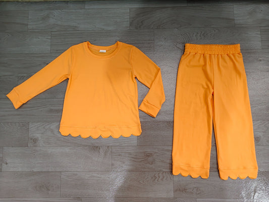 ( No moq ) Preorder Baby Girls Kids Long Sleeves Shirt Pants Set Pajamas Scallop Orange Clothes