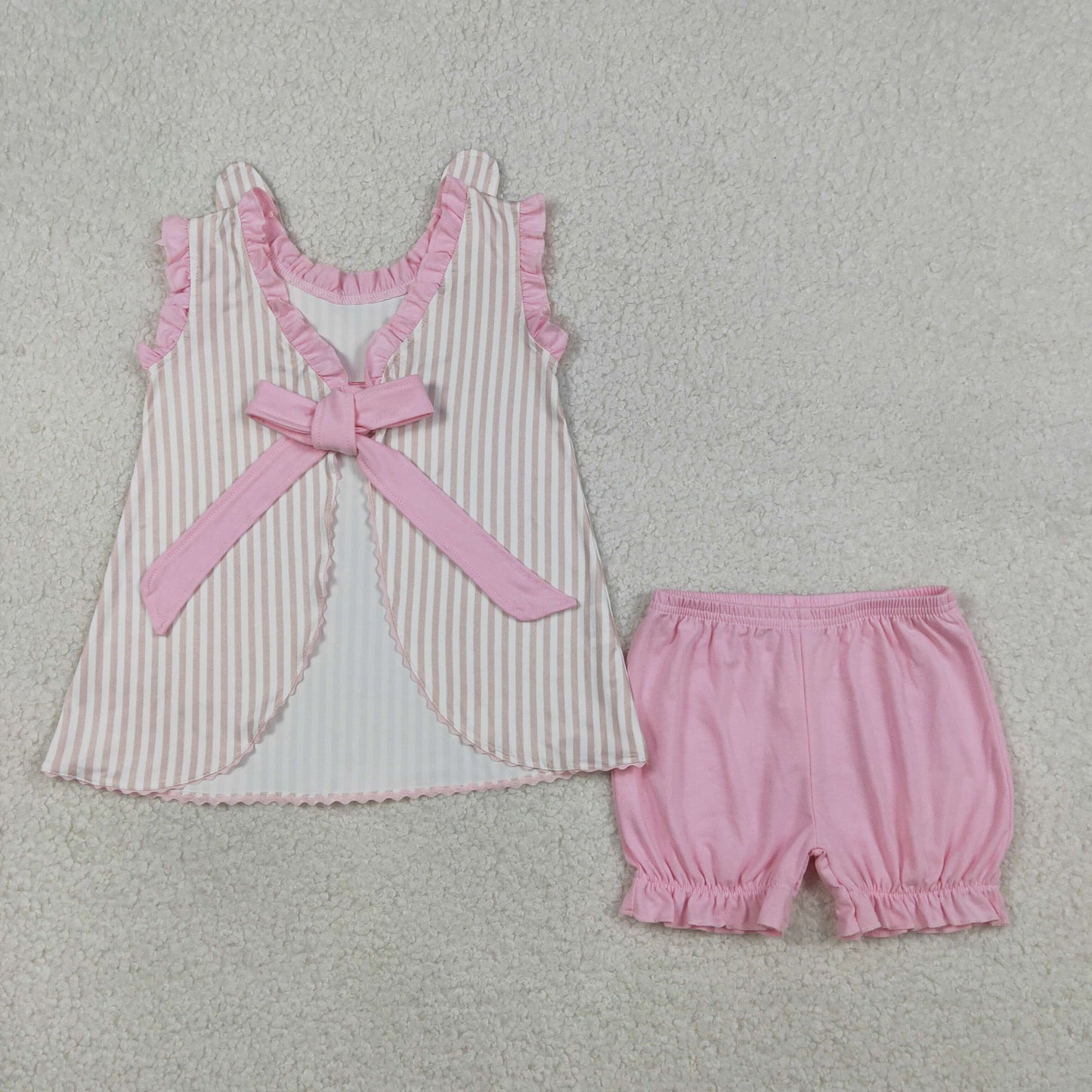 Baby Girls KIds Embroidery Rabbits Bows Stripes Tops Pink Shorts Easter Set RTS