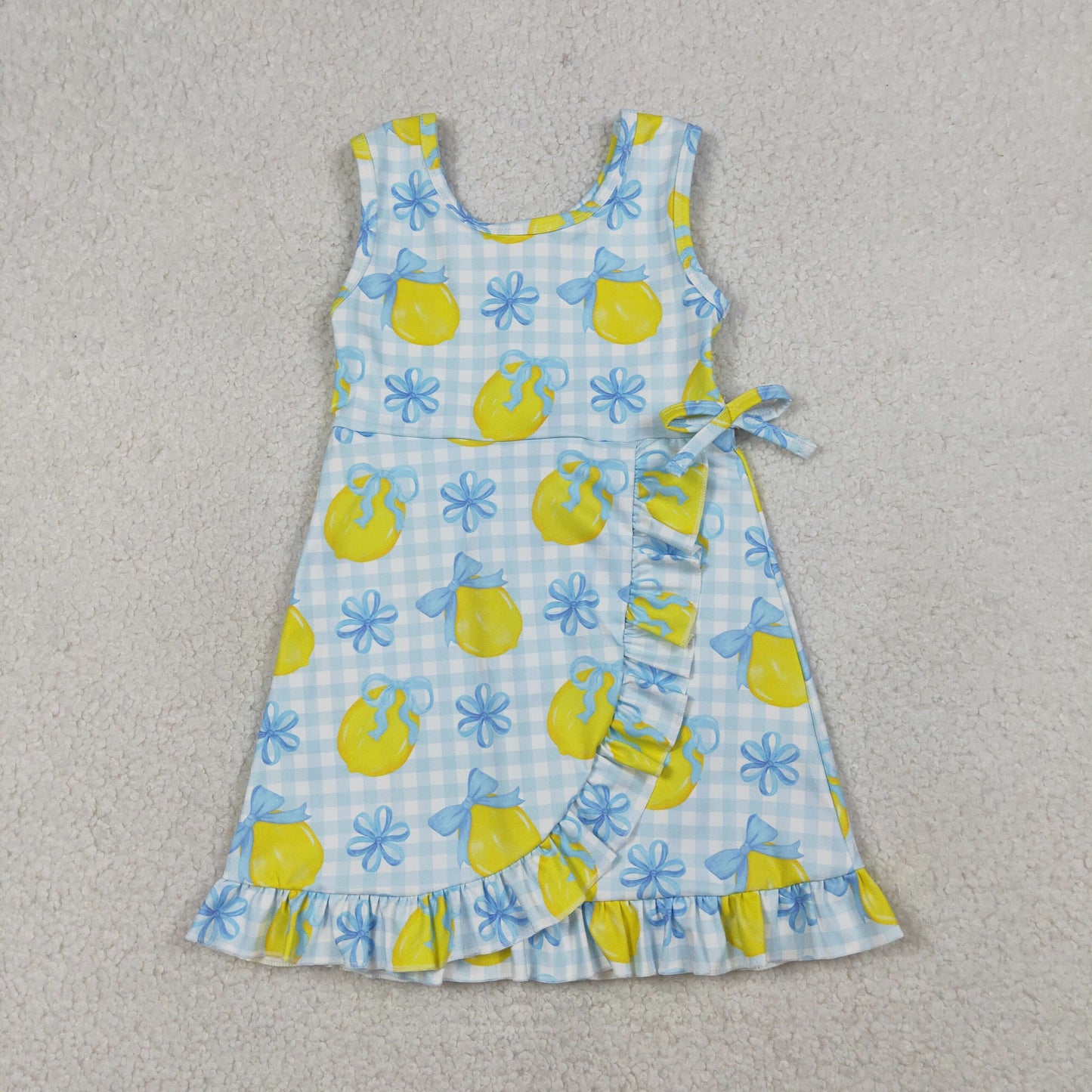 Baby Girls Kids Sleeveless Lemons Bows Blue Plaid Yoga Active Shorts Knee Length Dress RTS