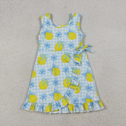 Baby Girls Kids Sleeveless Lemons Bows Blue Plaid Yoga Active Shorts Knee Length Dress RTS