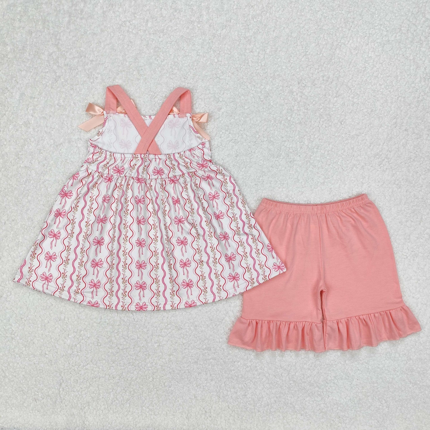 Baby Girl Straps Flower Bows Tunic Cotton Ruffle Pink Shorts Set RTS