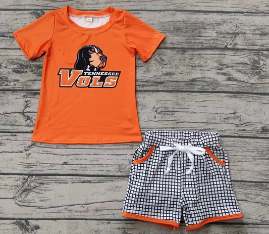 Baby Boy Short Sleeves Dog Orange Shirt Plaid Shorts Team Set