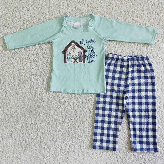 Promotion 6 A4-1 Baby Boy Long Sleeves Christmas Nativity Shirt Plaid Pants Outfit Set