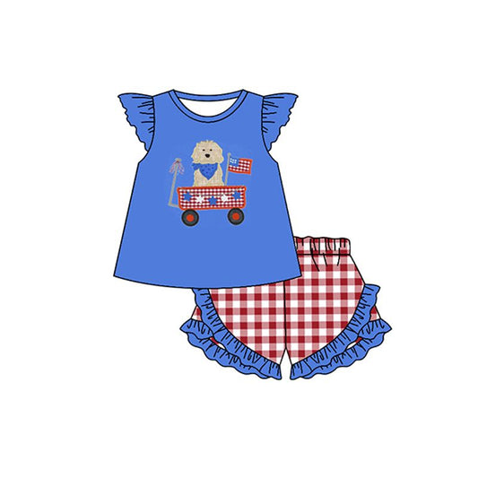 Moq 3 Pre-order GSSO0460 Baby Girl July 4th Dog Tops Plaid Ruffle Shorts Set