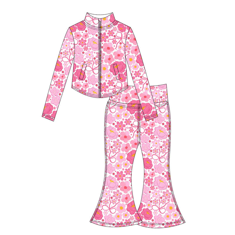 ( Moq 10 ) Baby Girl Colorful Flowers Bows Long Sleeves Pockets Zipper Tops Pants Activity Wear Yoga Set