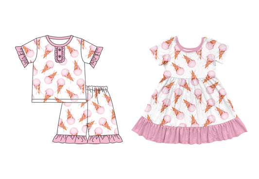 ( Moq 5 Each Style ) Baby Girl Short Sleeves  Ice Cream Bows Sibling Dress Set 3.31