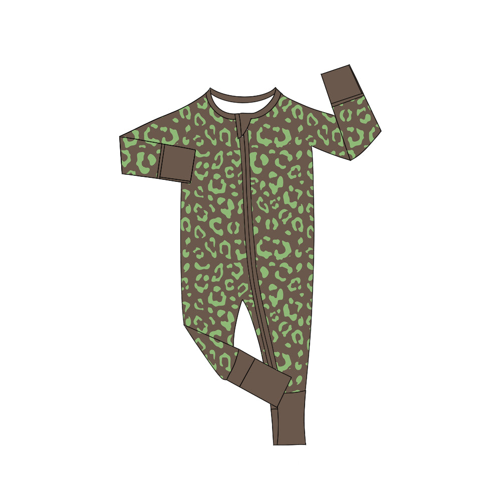 Baby Boy Infant Long Sleeves Green Leopard Zipper Romper