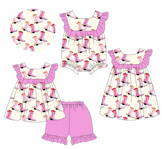 Baby Girl Western Boots Pink Ruffle Sibling Romper Dress Set ( Moq 5 Each Style ) 2.11