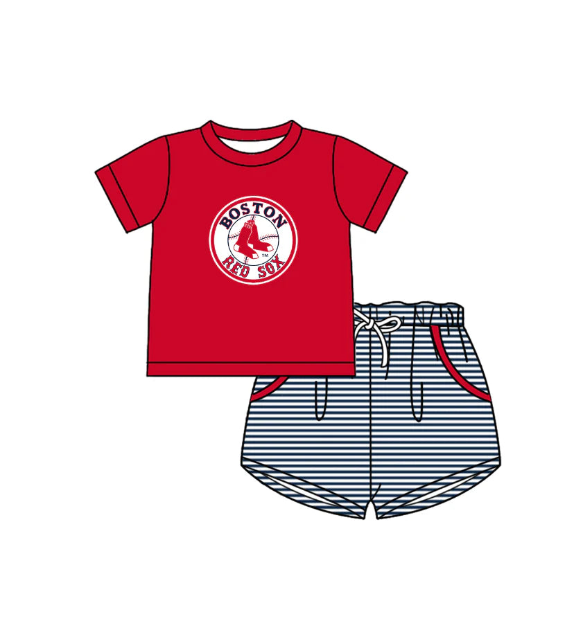 ( Moq 5 ) Sibling Baby Boys Kids Short Sleeves Red Shirt Stripes Pockets Shorts Team Set Clothes