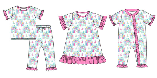Baby Girl Short Sleeves Rainbow Birthday Sibling Romper Dress Clothes Set ( Moq 5 Each Design )11.30