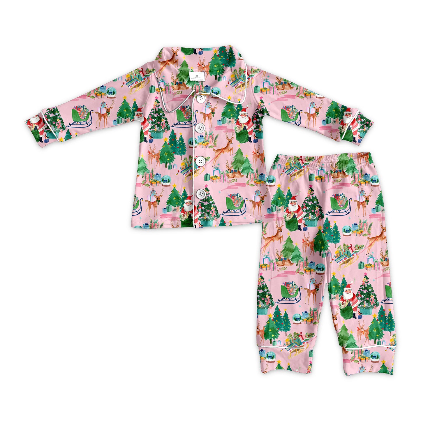 Baby Girl Toddler Christmas Deer Gift Tree Buttons Shirt Pants Pajamas Pink Set