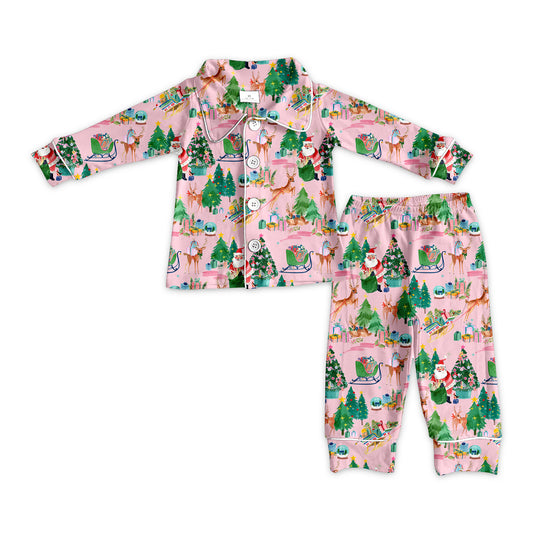 Baby Girl Toddler Christmas Deer Gift Tree Buttons Shirt Pants Pajamas Pink Set