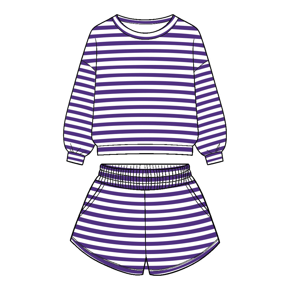 ( Moq 5 ) Baby Girls Kids Long Sleeves Stripes Shirt Pockets Shorts Team Set Clothes