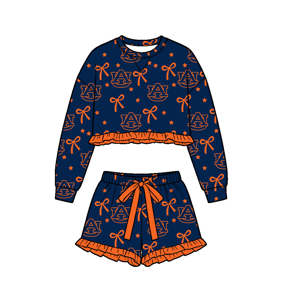 ( Moq 5 ) Custom Baby Girls Kids Long Sleeves Bows Shirt Shorts Team Set Navy Clothes