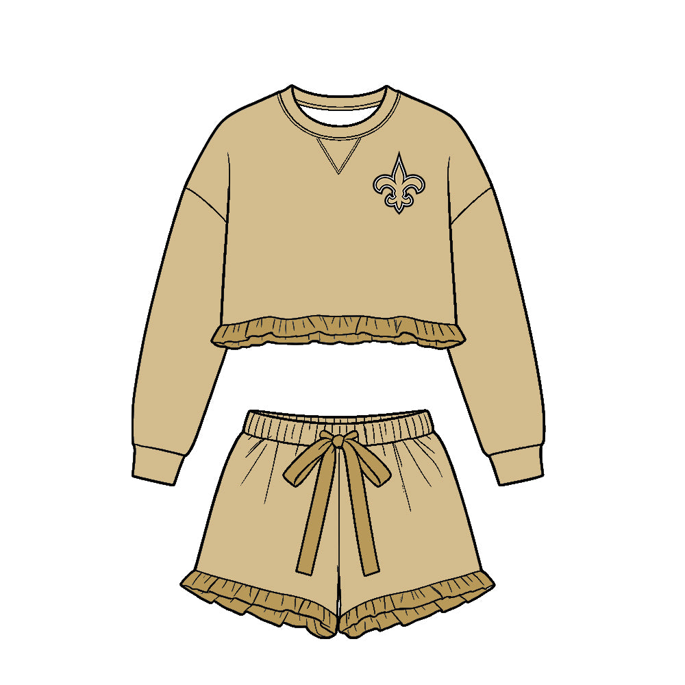 ( Moq 5 ) Baby Girls Kids Long Sleeves Ruffle Shirt Shorts Team Set Clothes