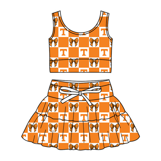 ( Moq 5 Each Style ) Baby Girls Kids Toddler T Orange Bows Plaid Tops Shorts Skirt Team Set