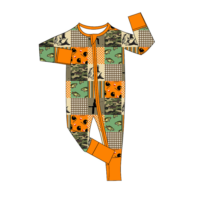 Baby Boy Infant Long Sleeves Fishing Camo Checkered Zipper Romper