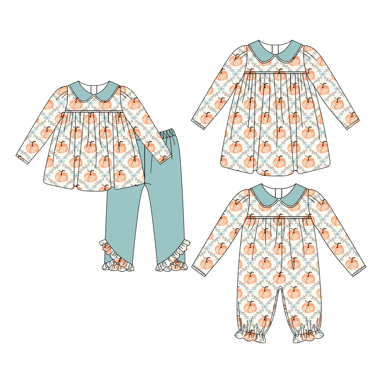 ( Moq 5 Each Style ) Sibling Baby Girls Kids Long Sleeves Pumpkins Flower Fall Romper Dress Set Clothes