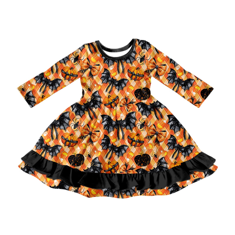 Baby Girl Long Sleeves Halloween Bats Pumpkin Bows Plaid Dress