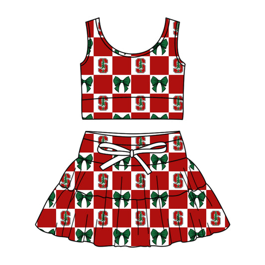 ( Moq 5 ) Baby Girls Kids Sleeveless Tree Bows Checked Tops Shorts Skirt Team Set