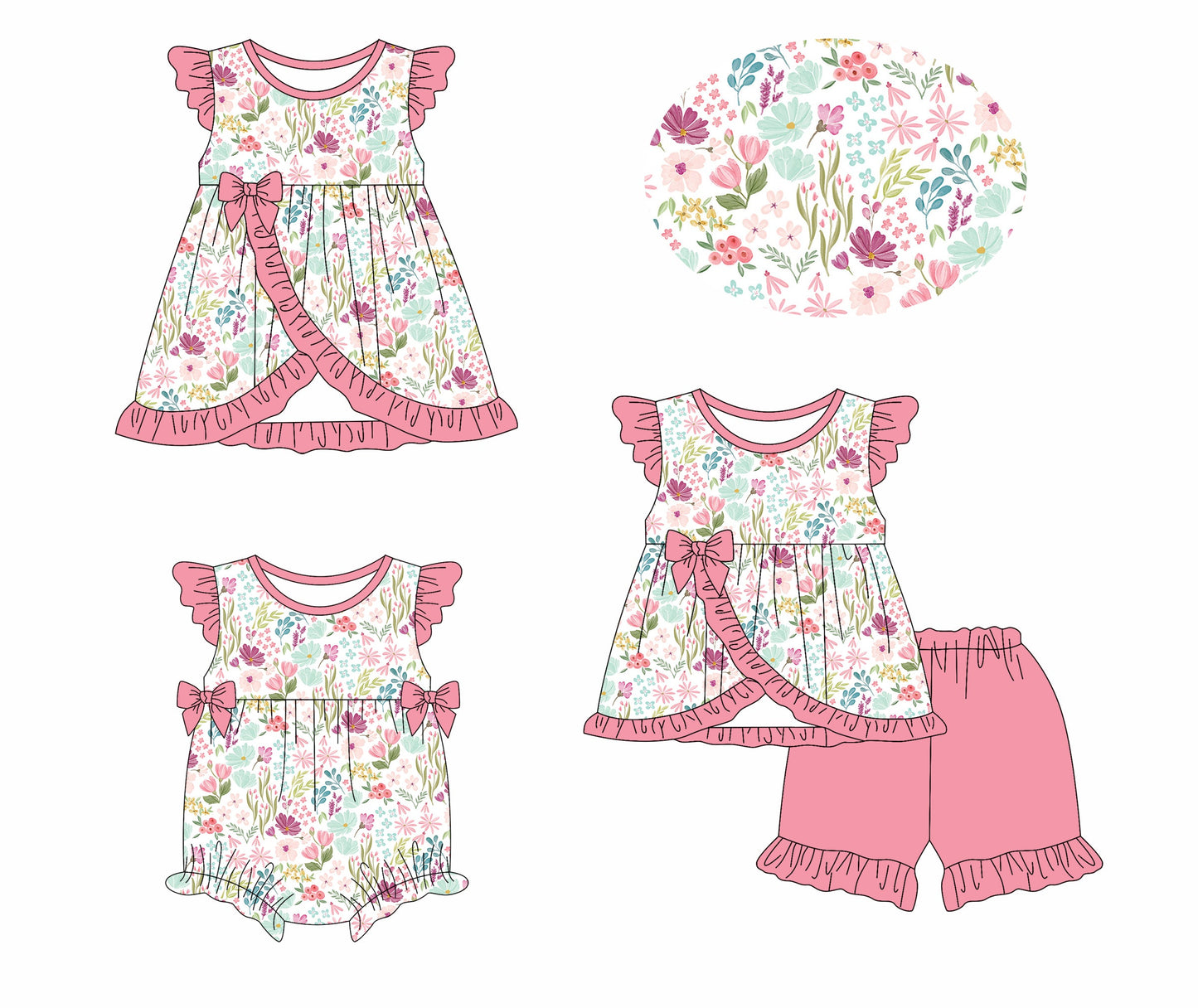 Baby Girl Flower Pink Bows Sibling Romper Dress Set ( Moq 5 Each Style ) 1.13