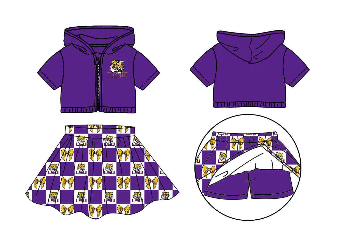 ( Moq 5 Each Style ) Baby Girls Kids Toddler Purple Hoodie Zipper Tops Tigers Bows Shorts Skirt Team Set