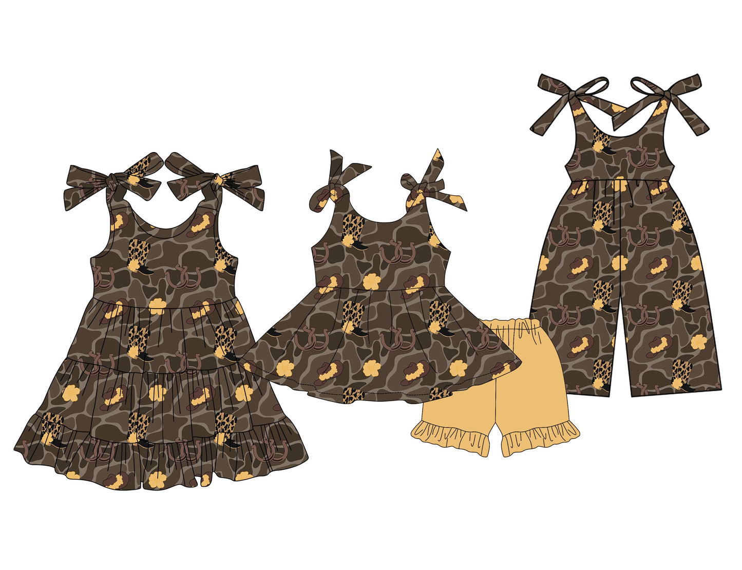 ( Moq 5 Each Style ) Baby Girl Sleeveless Leopard Boots Camo Sibling Jumpsuit Dress Set 3.22