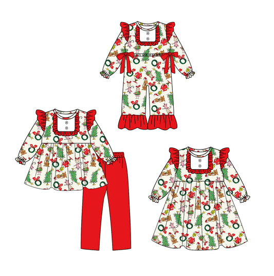 ( Moq 5 Each Style ) Baby Kids Toddler Green Face Christmas Bows Sibling Romper Dress Set