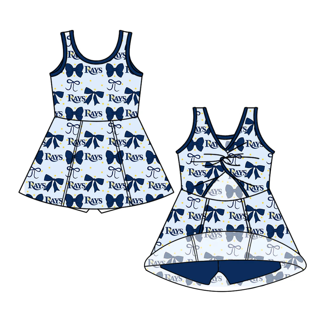 ( Moq 5 each style ) Baby Boy Girl Toddler Team Blue Bows Sibling Shirt Dress Set 6.21