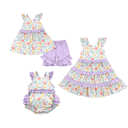 ( Moq 5 Each Style ) Baby Girls Kids Short Sleeves Flower Sibling Purple Ruffle Romper Dress Set