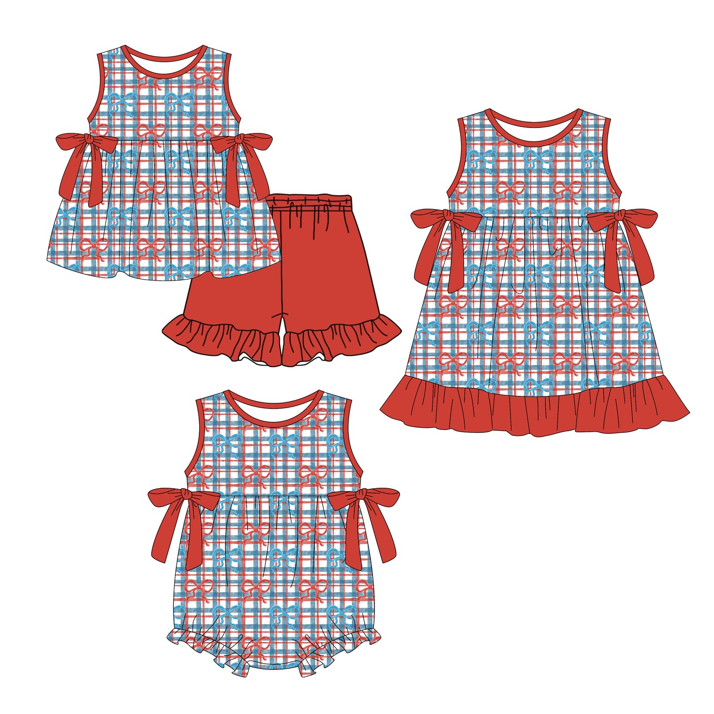 ( Moq 5 Each Style ) Sibling Baby Girls Kids Bows Plaid 4th of July Romper Dress Set Summer Clothes
