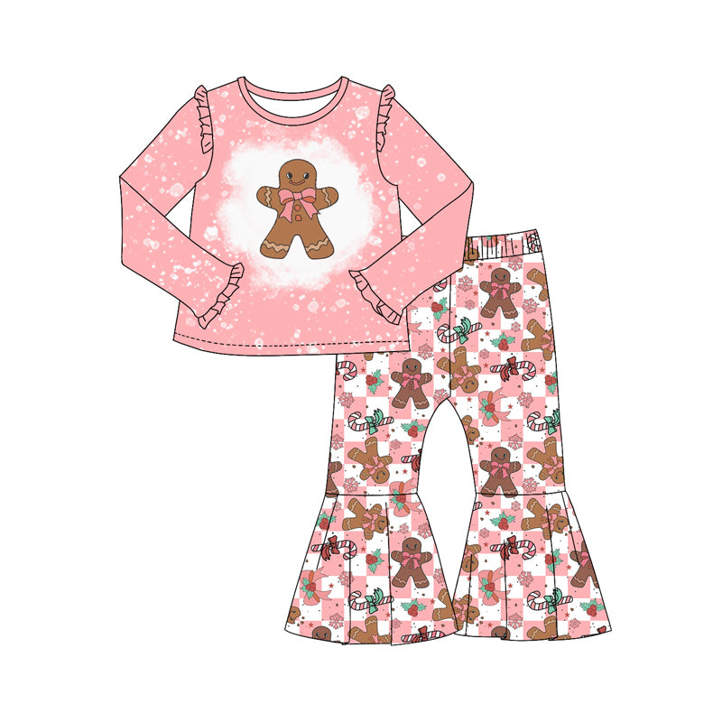 Baby Girl Long Sleeves Gingerbread Shirt Checkered Bell Pants Christmas Set