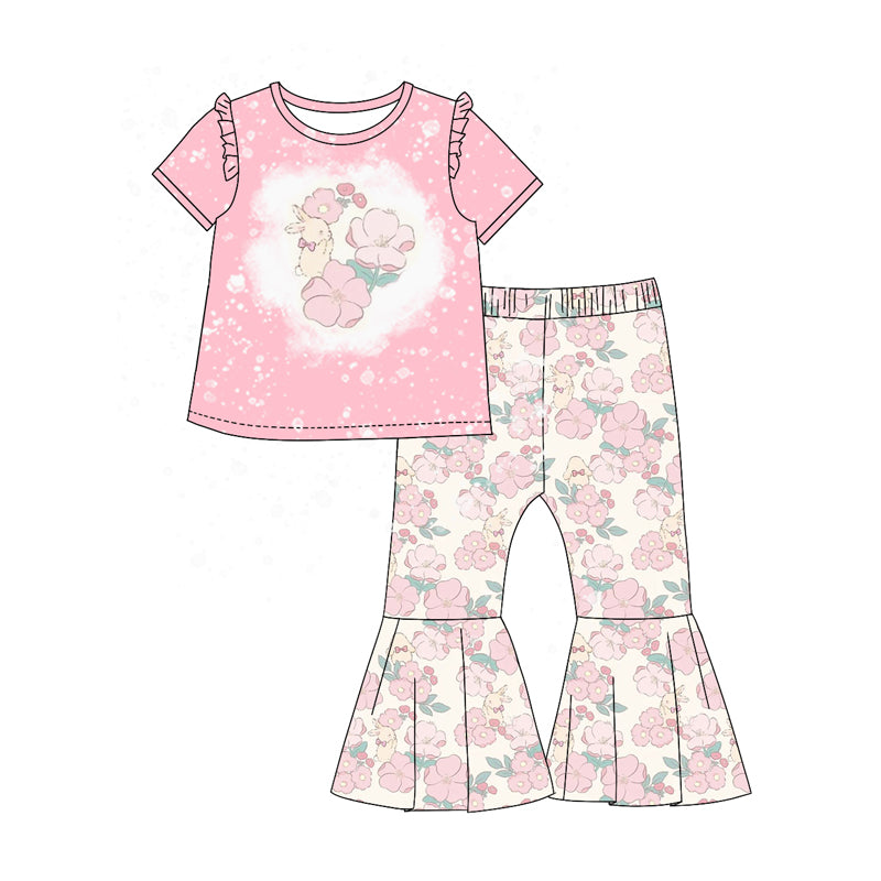 Baby Girl Short Sleeves Pink Shirt Rabbit Flower Bell Pants Easter Set Moq 5